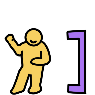 a yellow figure, smiling and waving, who is about two-thirds the height of the symbol, and who has proportions similar to achondroplasia. to their right is a purple closing square bracket, showing their height.